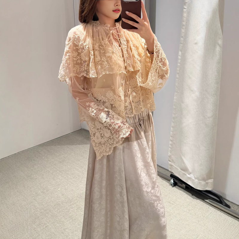 Se Designer Brand 26 Early Spring New Lace Shirt with Double-Layered Lace-Up Design, Slightly Sheer Mesh, Floral Embroidery Cape Cardigan