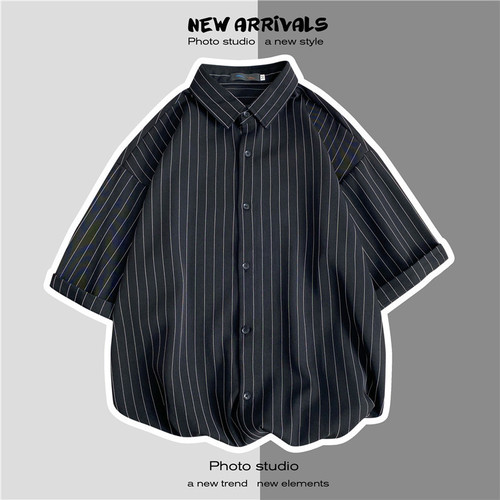 Japanese-style vertical striped short-sleeve men's summer thin casual shirt jacket, Hong Kong wind, loose, Korean trend