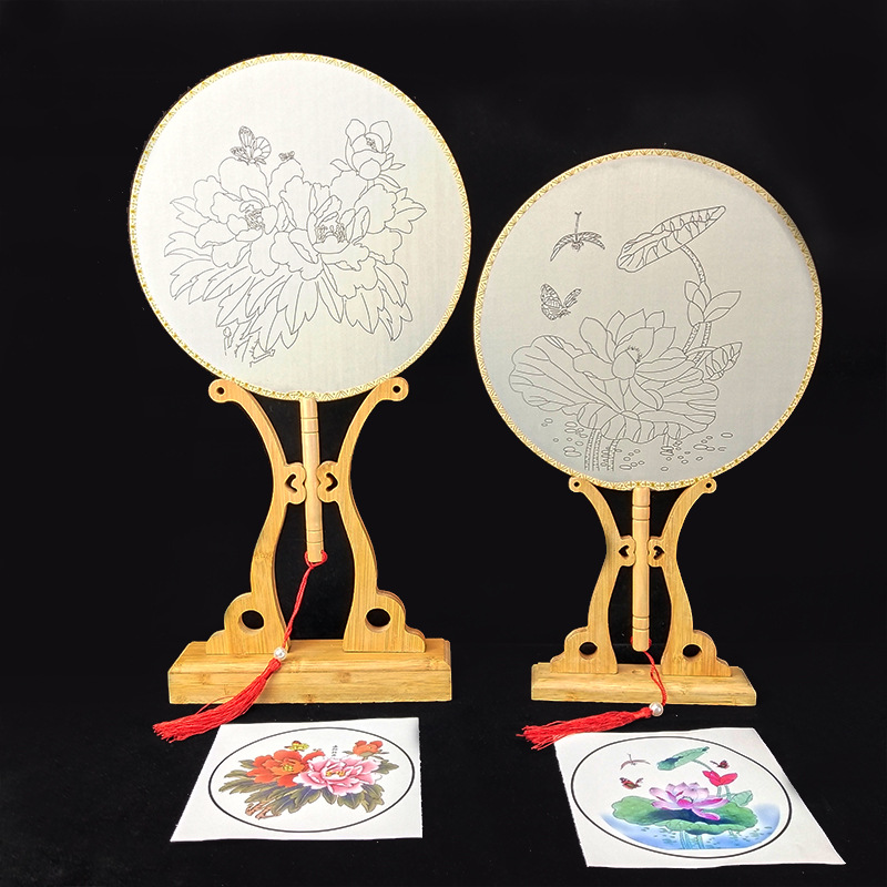 Hand-painted Chinese painting blank fan, ink outline, copy fine brushwork, coloring round fan, beginner children's painting DIY material pack