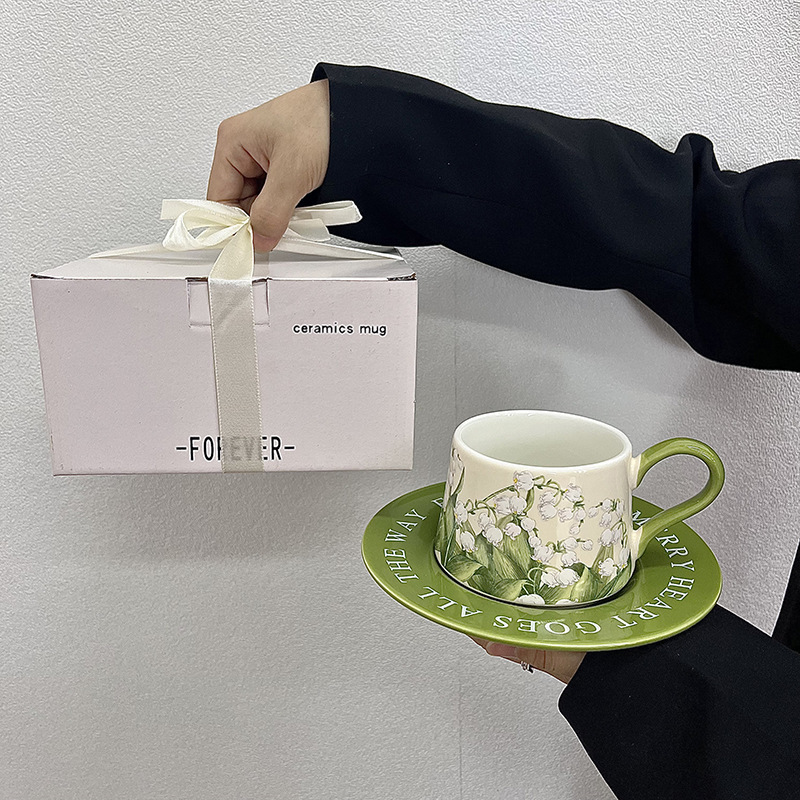 复古油画铃兰花咖啡杯碟套装轻奢陶瓷杯子小众拿铁杯下午茶花茶杯|undefined