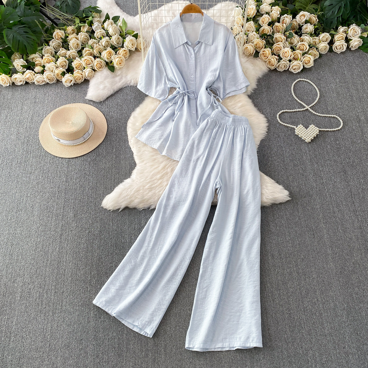 High-Waisted Slimming Collared Shirt with Side Ties And Wide Leg Trousers Women's Outfit Casual Style Set_ecoleips.com