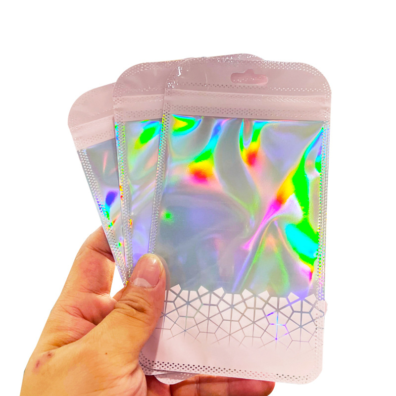 饰品自封袋透明窗口粉色包装袋彩色铝箔封口袋透明彩色锁扣拉骨袋