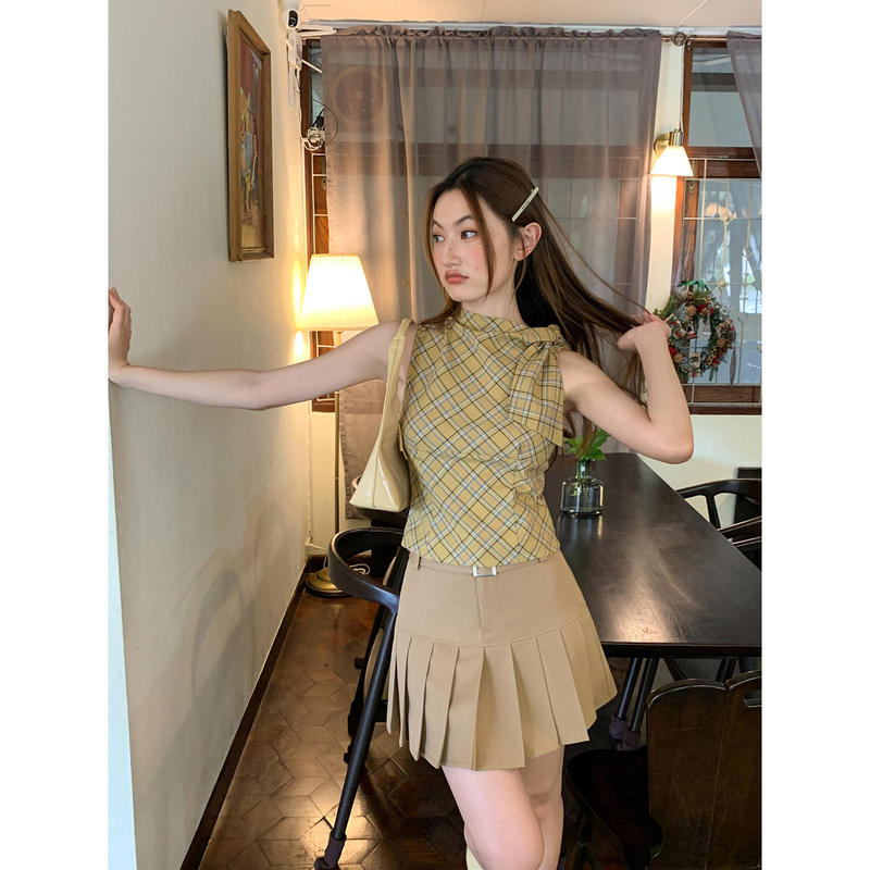 Contrast Color Plaid Bow Tie Vest for Women, New Summer Style Slim Fit Chic Top for Petite Figures