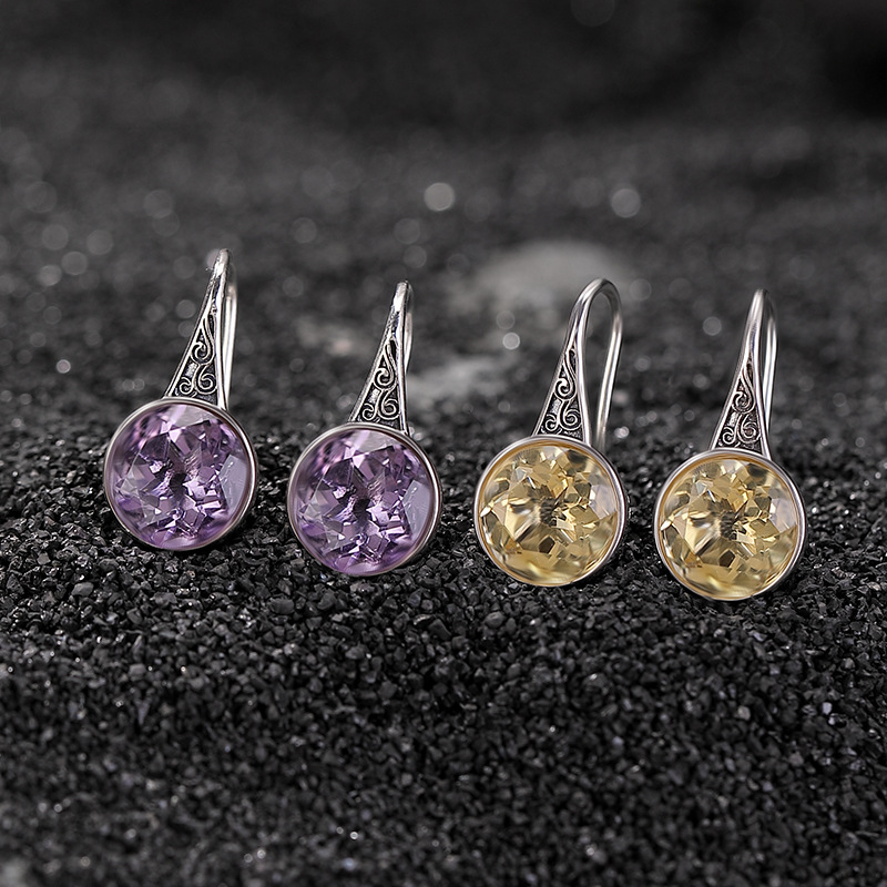 Bông tai bạc S925 đính đá thạch anh tím citrine họa tiết đường cỏ hình học phong cách retro — Mô hình Citrine