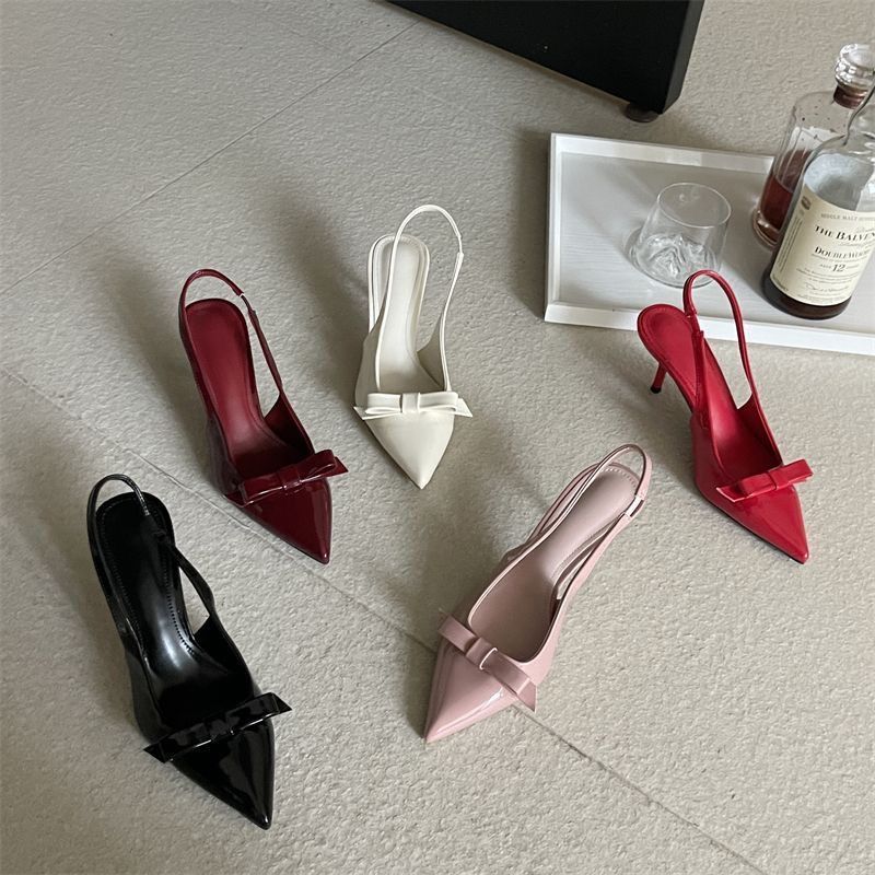 Internet Celebrity Slimming and Height-Increasing Women's Shoes, Single Shoes, Toe-Toe Sandals, Slimming Shallow Mouth, Back Strap, Bow, Stiletto Heels