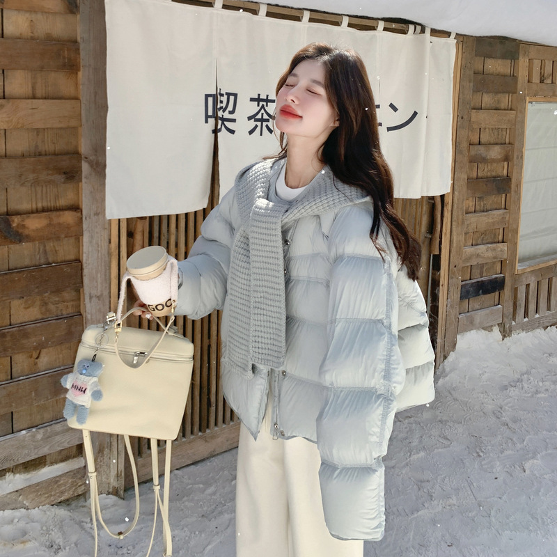 Light Blue Knitted Hooded Patchwork Short down Jacket for Women, Winter 2025, Warm 90% White Duck down Coat for Petite Sizes