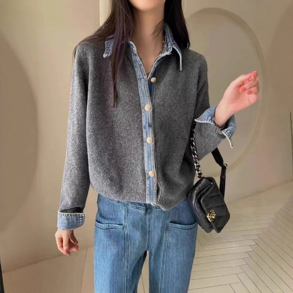 Denim Patchwork Faux Two-Piece Sweater for Women, European Style, Autumn and Winter 2025 New Loose Turn-Down Collar Fashion Versatile Top Trend