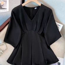 法式领五分袖雪纺衬衫女夏季新款大码胖宽松显收腰遮肚上衣