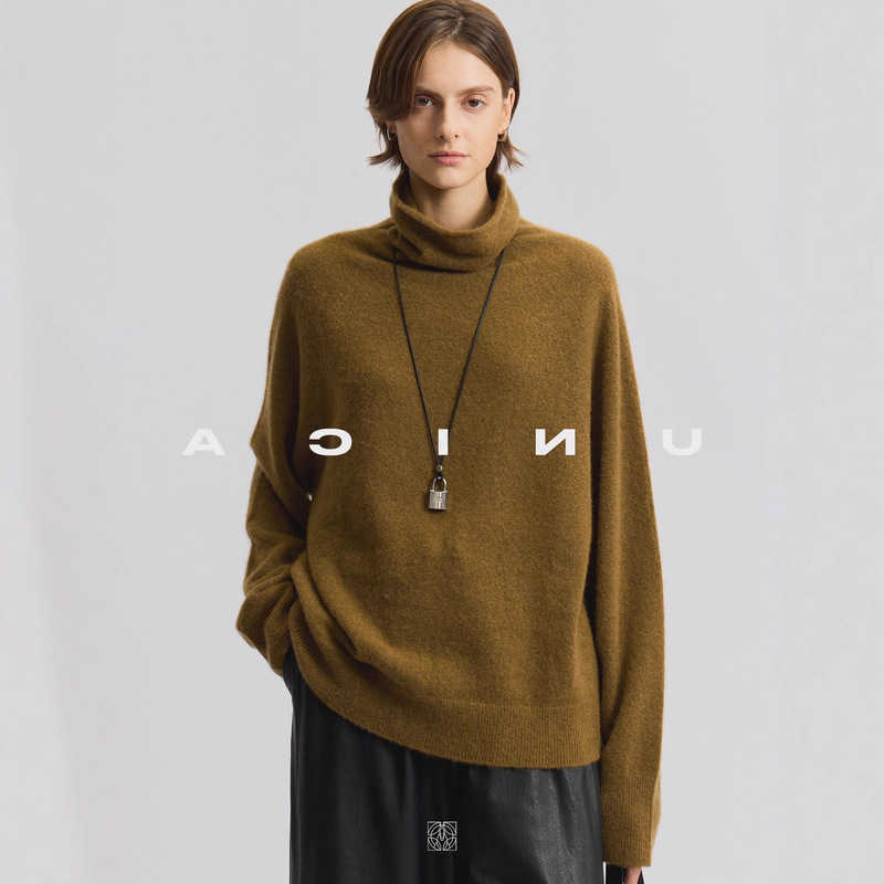 Mixed Color Silk Cashmere Pile Collar_Lazy Raglan Sleeves Light Seamless Knitwear Autumn and Winter Knitwear for Women