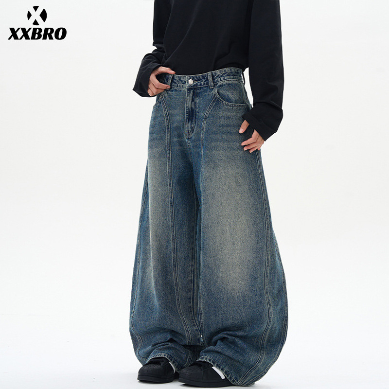 Muxi Clothing # American High Street Style Distressed Trendy Brand Deconstructed Patchwork Scimitar Jeans Men's Loose-Fitting Work Pants