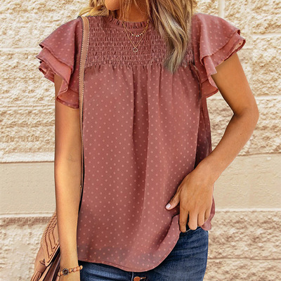 时颖短袖雪纺衫女2021夏季新款欧美纯色提花系带上衣女2517606