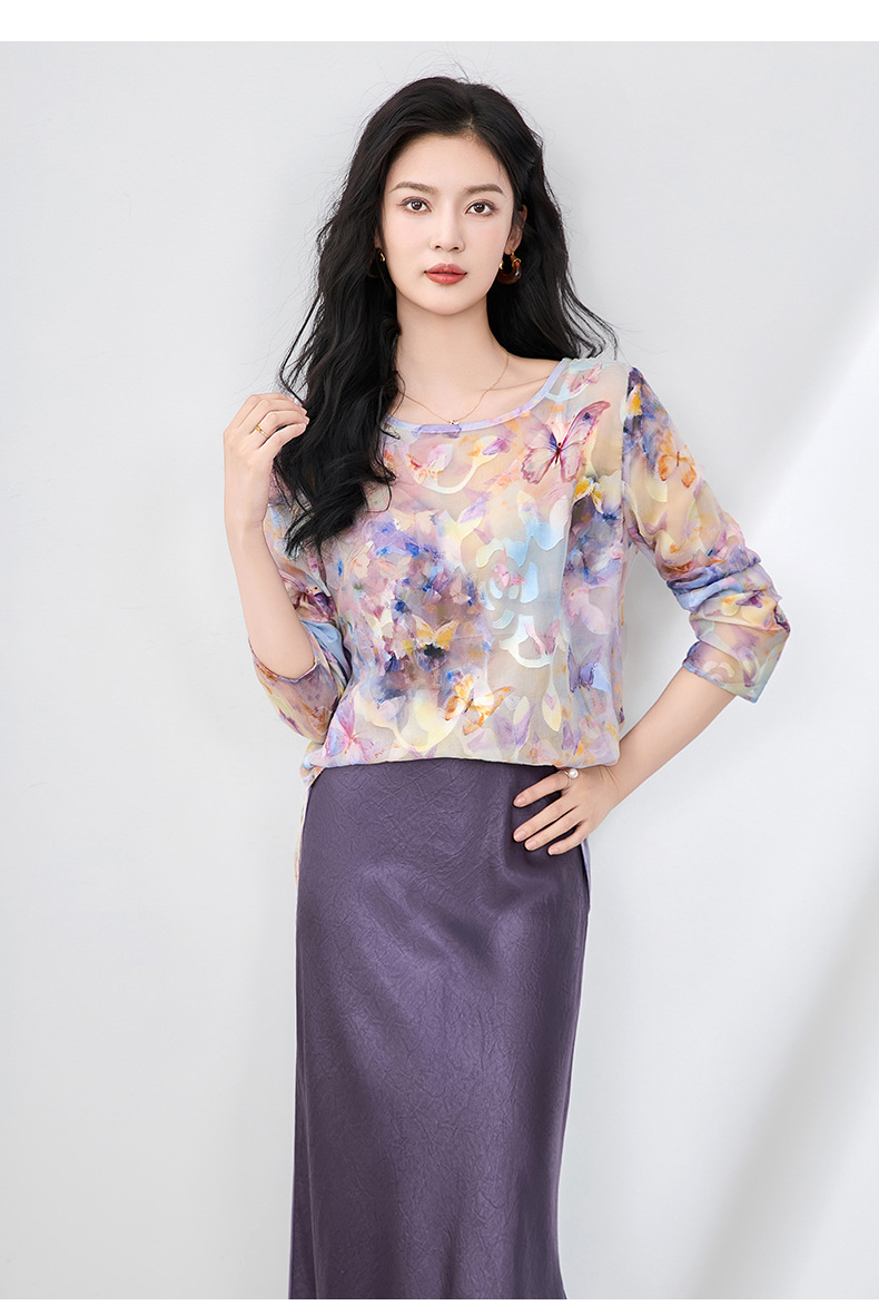 Áo sơ mi cổ tròn phong cách Tân Trung Hoa, chất liệu voan cắt hoa thanh lịch, tay ngắn mùa hè — Hoa bướm màu hồng chi tiết 23