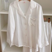 肌理白茶简约法式睡衣长袖少女春秋季冰丝丝绸舒适家居服套装批发