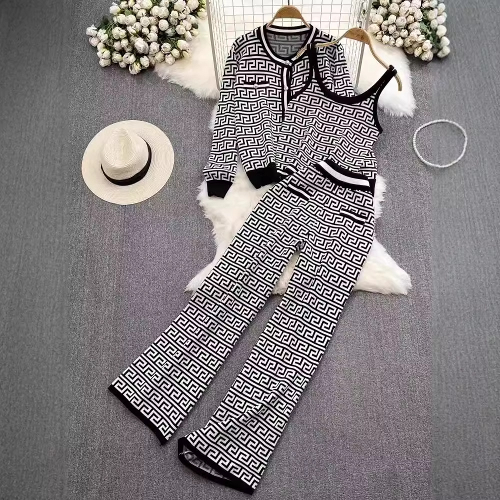 새로운 패션 세트 여성 라운드 넥 자카드 니트 카디건 조끼 3 피스 세트 높은 허리 슬리밍 스트레이트 바지