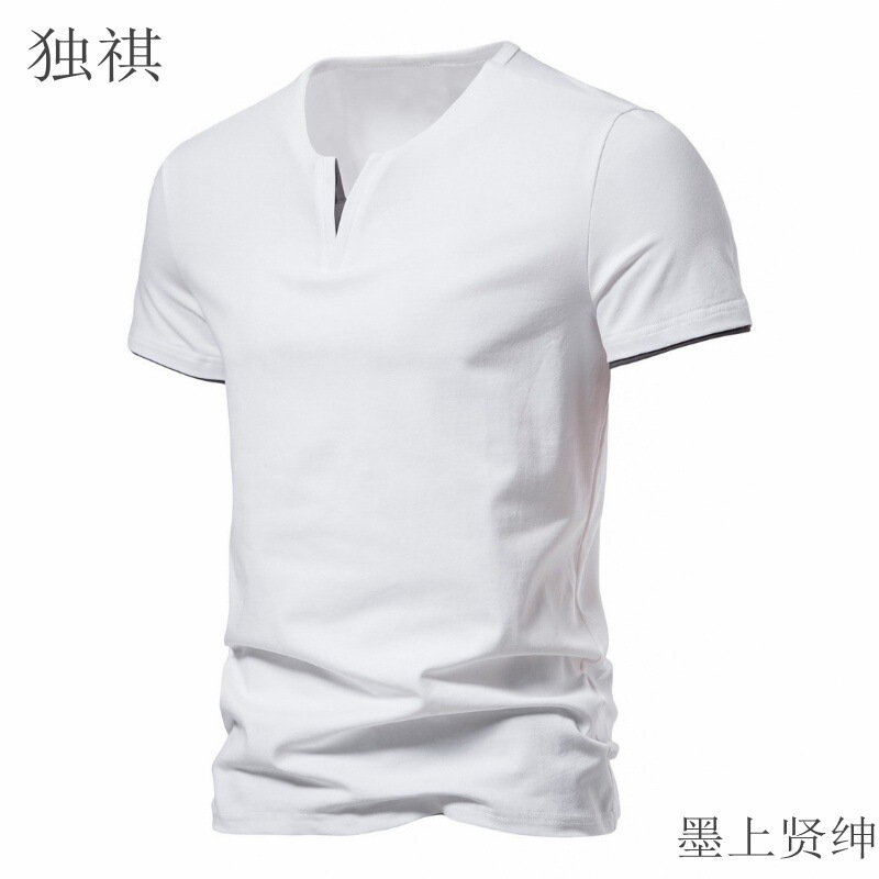 Manwei Venom European and American White Fake Two-piece T-shirt Men's Simple Harajuku V-neck Base Shirt Thin Short-sleeved T-shirt Trend