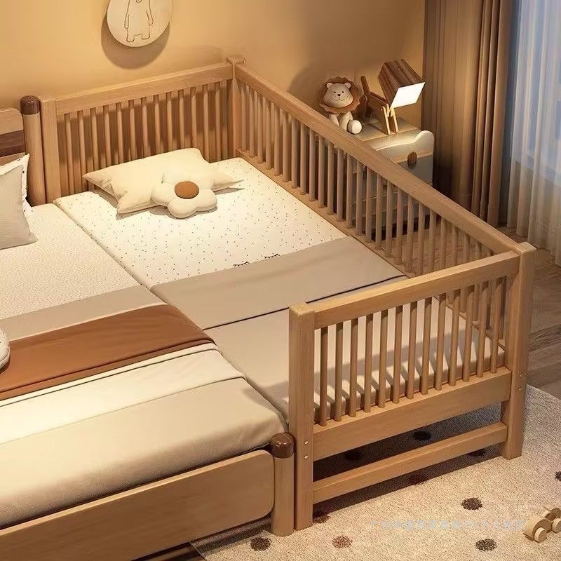 Solid Wood Baby Splicing Bed Walnut Children's Bed Crib Widened Splicing Large Bed Children's Side Bed with Guardrail