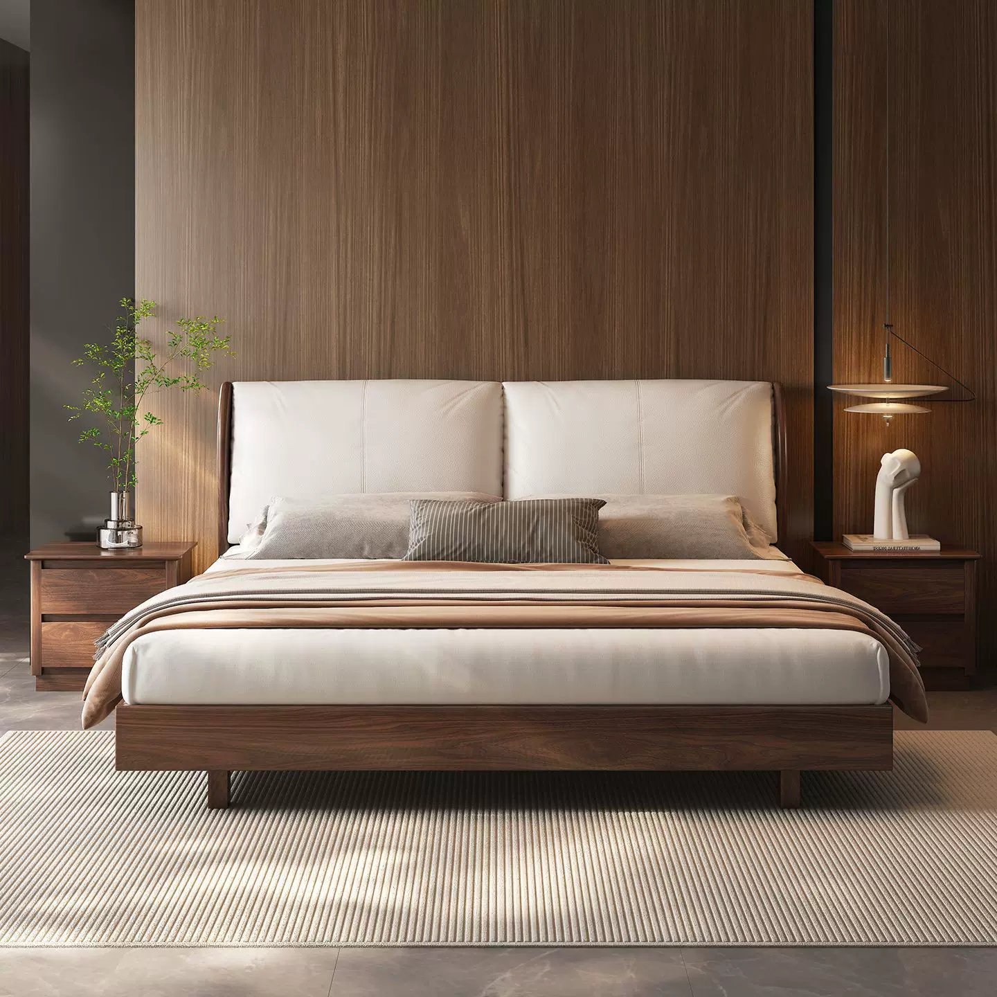 大象耳朵实木床黑胡桃木软包床真皮2米主卧大床软包双人床中古风