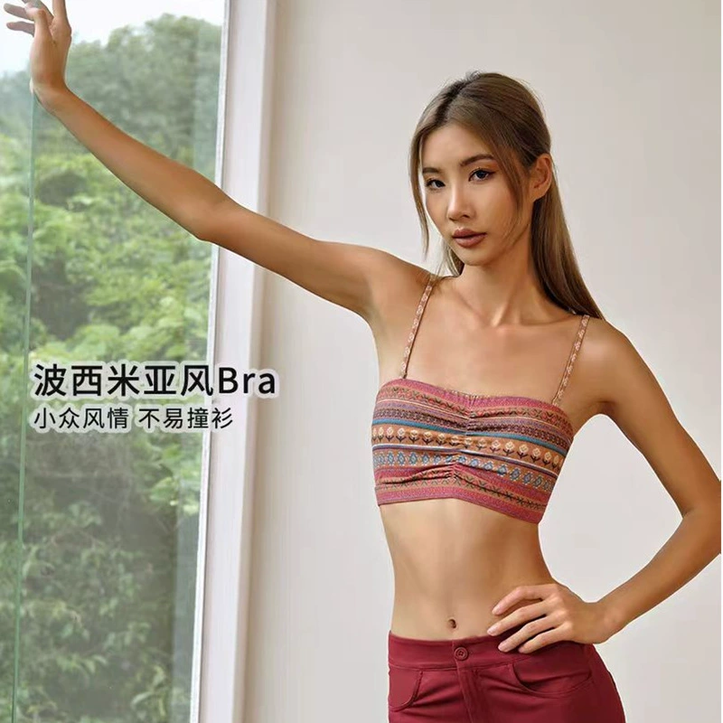 Sports bra (women) retro tube top with cups, floral boho print — gym & yoga, sizes S–L