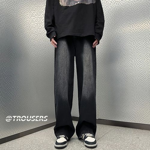 Vintage Blue Men's Loose Distressed Oversize Pants American Casual Flowy Wide Leg Floor-Length Pants Trendy