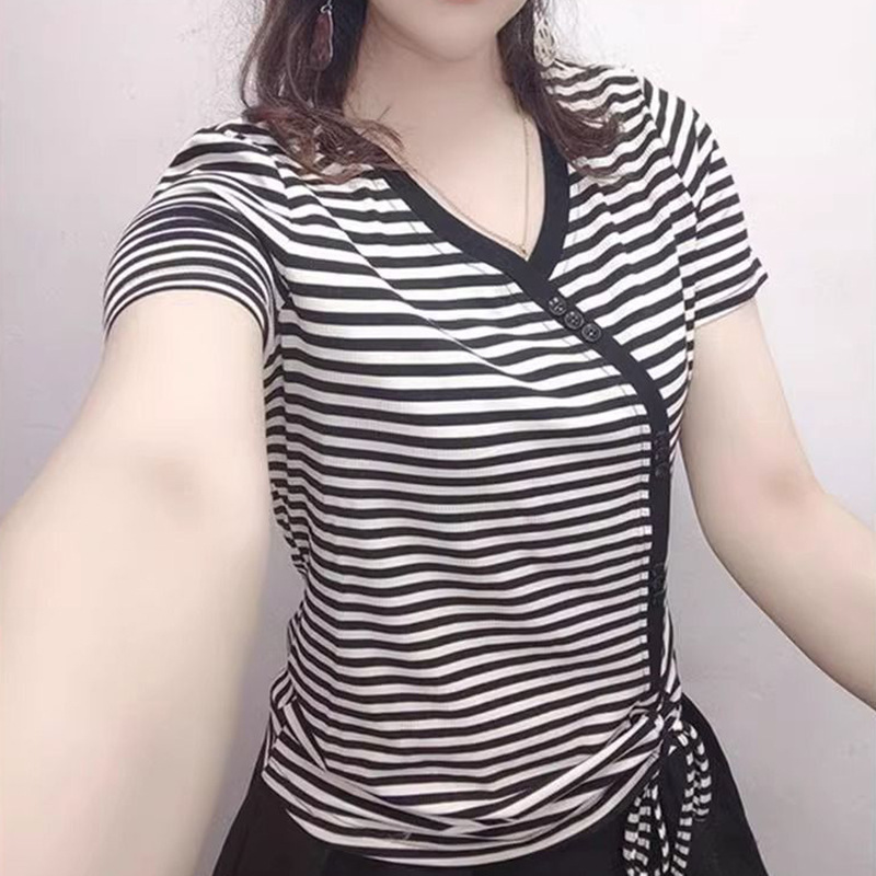 A Large-Size Women's Summer T-Shirt With Short Sleeves, Striped Design, And A Drawstring Closure Stylish In Korean Sty_ecoleips.com