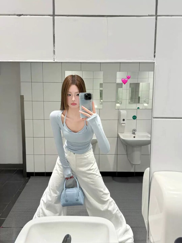 秋冬女装新款磨毛保暖辣妹修身挂脖假两件打底衫浅蓝长袖T恤上衣|undefined