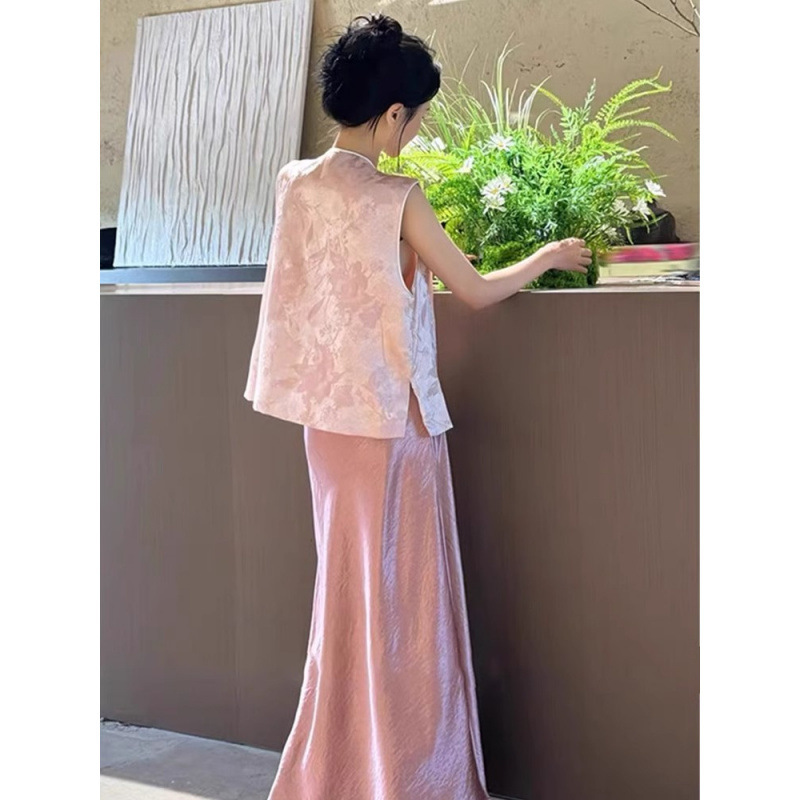 2025年夏服、ユニークで美しい新しい中国風ピンクジャカードベストとスカートの2点セット|undefined