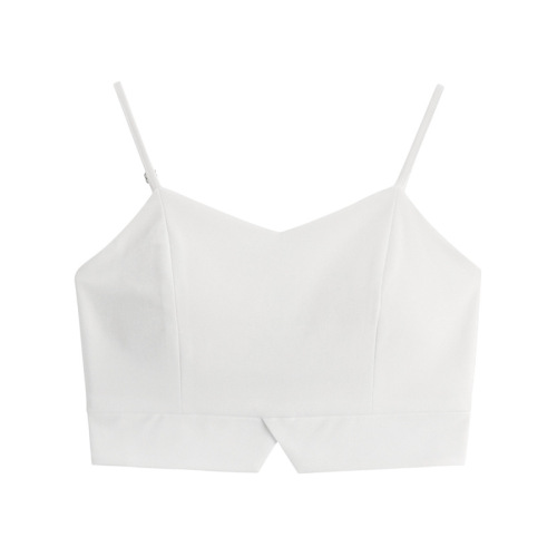 Women's black spaghetti strap backless camisole short sleeve top, with removable cups, versatile for wearing over or under a blazer, highlighting the collarbone and back.