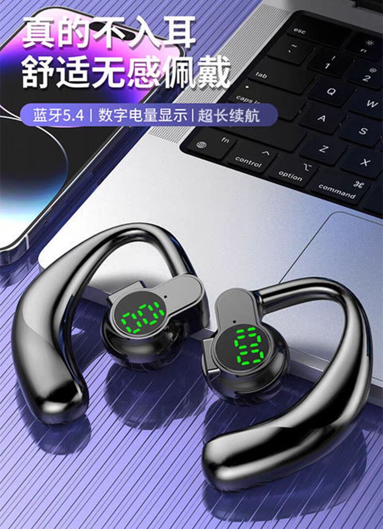 Bluetooth Headset Can Be Worn on the Left and Right, Non-In-Ear, Wireless, Ear-Mounted, Single-Ear, Sports, Driving, Calling, Noise Reduction, Long Battery Life