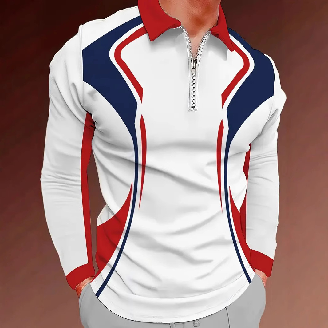 Amazon Independent Station Comercio exterior Nuevo casual Todo-fósforo geométrico solapa manga larga cremallera POLO camisa MB14