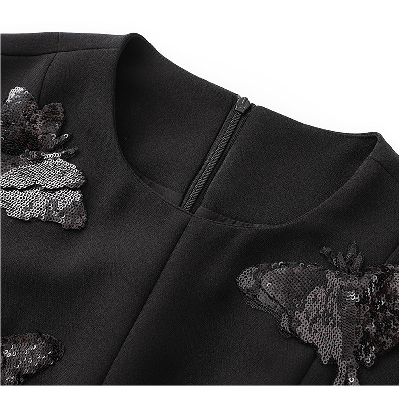 Váy liền tay ngắn cổ tròn đính sequin nặng, thắt eo, phong cách quý phái — Màu đen chi tiết 17