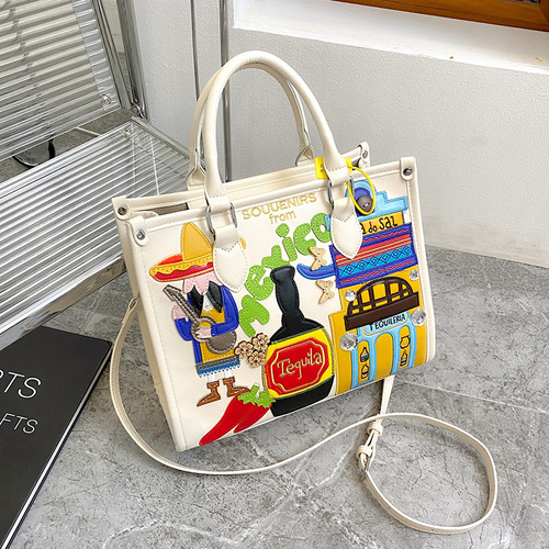 Large-capacity bag women's new retro portable crossbody tote bag niche embroidered graffiti Mexican style shoulder bag