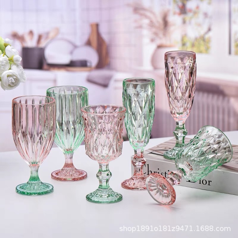 Tazas de vidrio retro de alto valor, tazas de jugo, tazas de vino, tazas de champán, tazas de decoración de mesa de comedor
