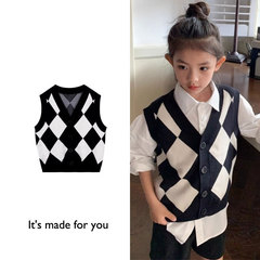 女童裝學院風毛衣馬甲2023年春季新款兒童針織開衫洋氣棋盤格上衣