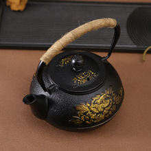新款无涂层铸铁壶家用创意生铁功夫茶壶花开富贵描金礼品壶批发