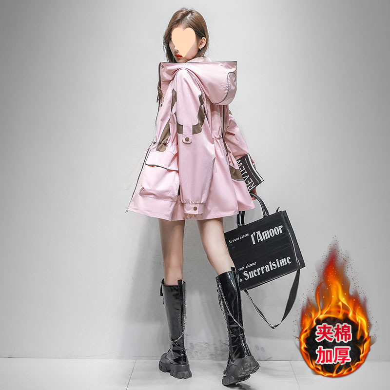 时尚撞色冲锋衣外套女2025春秋季新款收腰显瘦中长款休闲连帽风衣|undefined