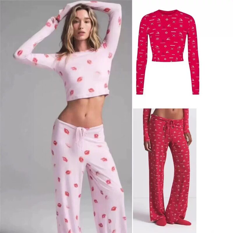 Valentine's Day limited edition SKIMS-style SLEEP lip print loungewear set, including long-sleeved top, long pants, and suspender shorts