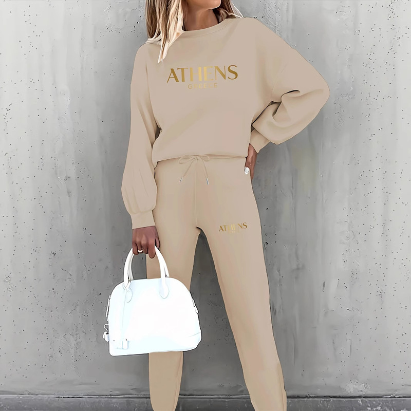 Cross-Border 2025 Women's Two-Piece Set English Printed Fashion Two-Piece Women's Sports Suit 0019 Printed