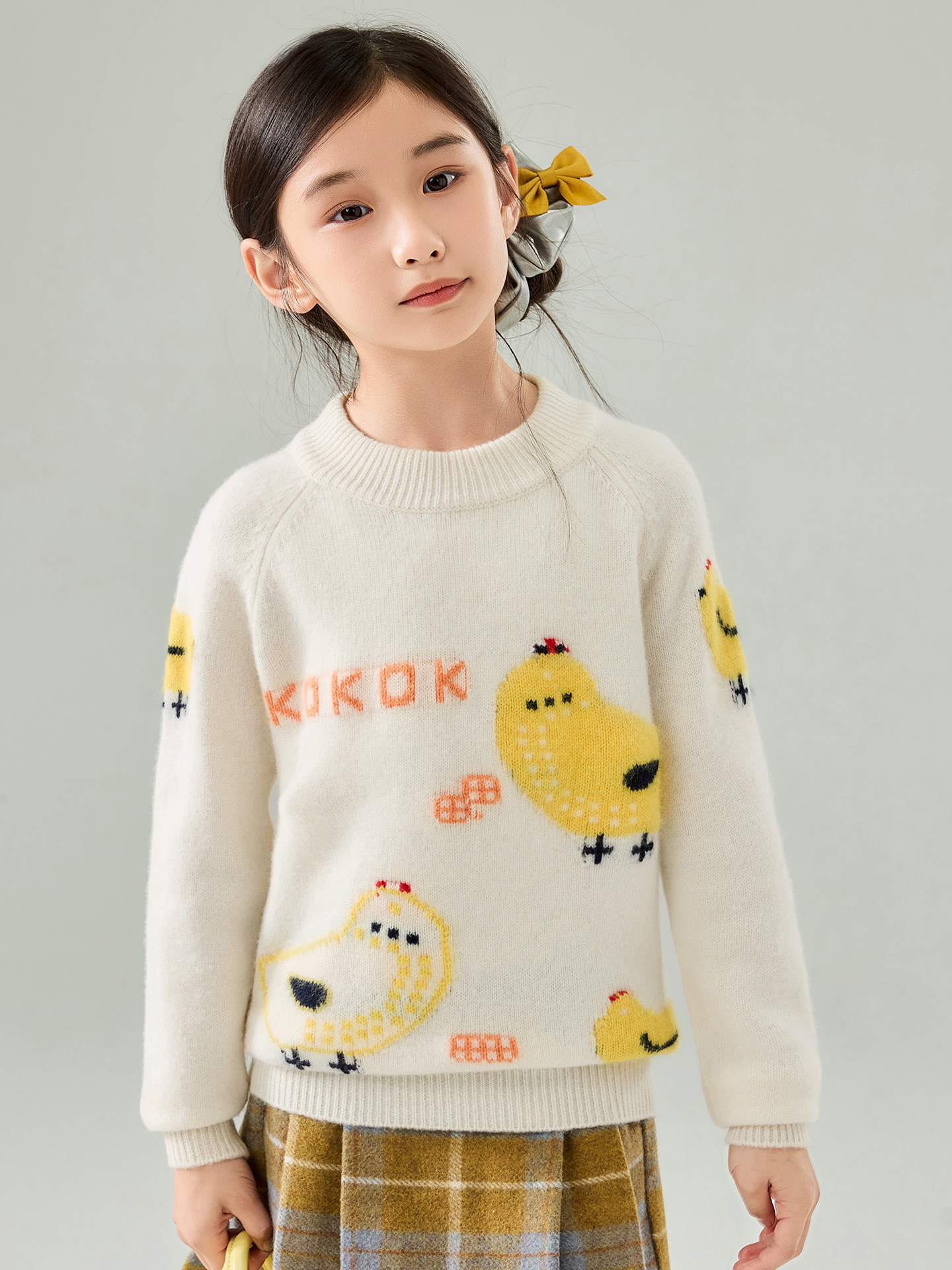 Girls' Cartoon Chick Wool Sweater, Autumn/Winter New Style, Round Neck, Thick Pullover Sweater, Cute Knitwear for Medium and Large Children