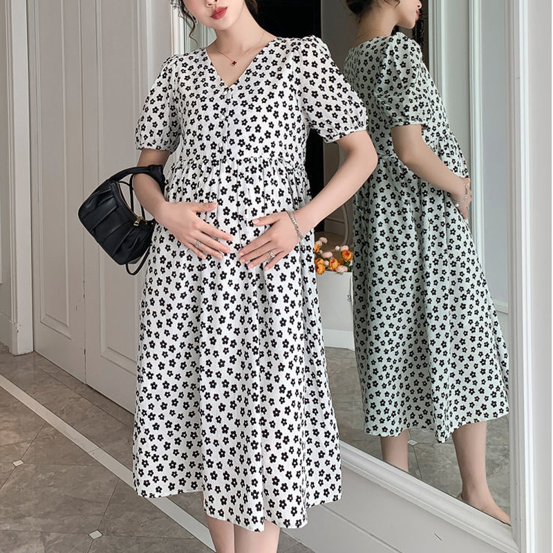 [Customized] Korean Style Maternity Wear Summer Mid-Length Unbuttoned Breastfeeding Floral Outing Slimming Look Dress