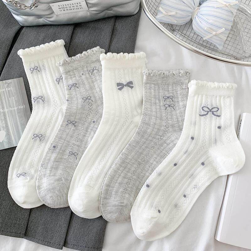 Spring and Summer Thin Socks for Women, Polka Dot Lace Bow Mid-Calf Socks, Mesh Breathable Ins Korean Style Long Tube Slouch Socks