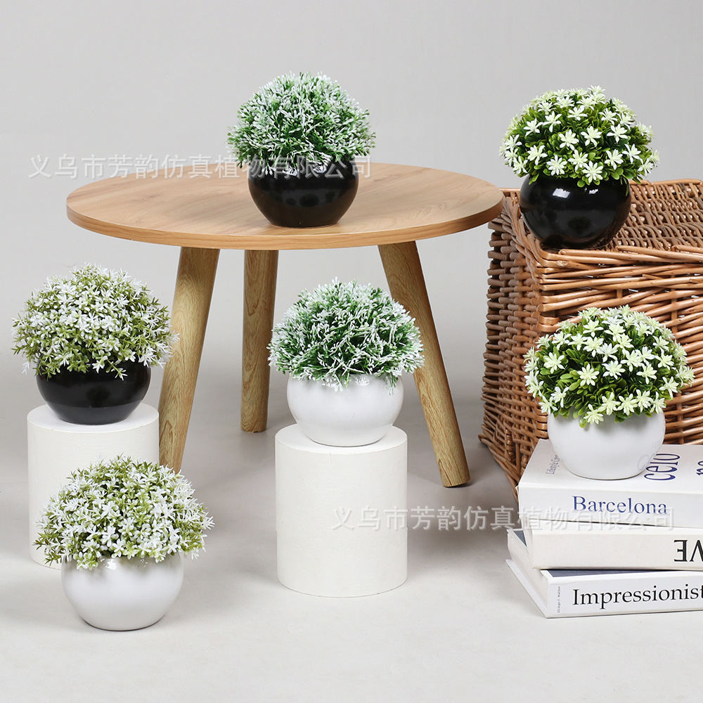 Bonsái de simulación al contado Amazon escritorio flores falsas decoradas semicircular macetas de cerámica de hierba de Milán macetas de plantas de simulación