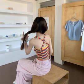 多巴胺彩虹条纹吊带背心女2025夏季辣妹外穿美背海边穿搭短款上衣