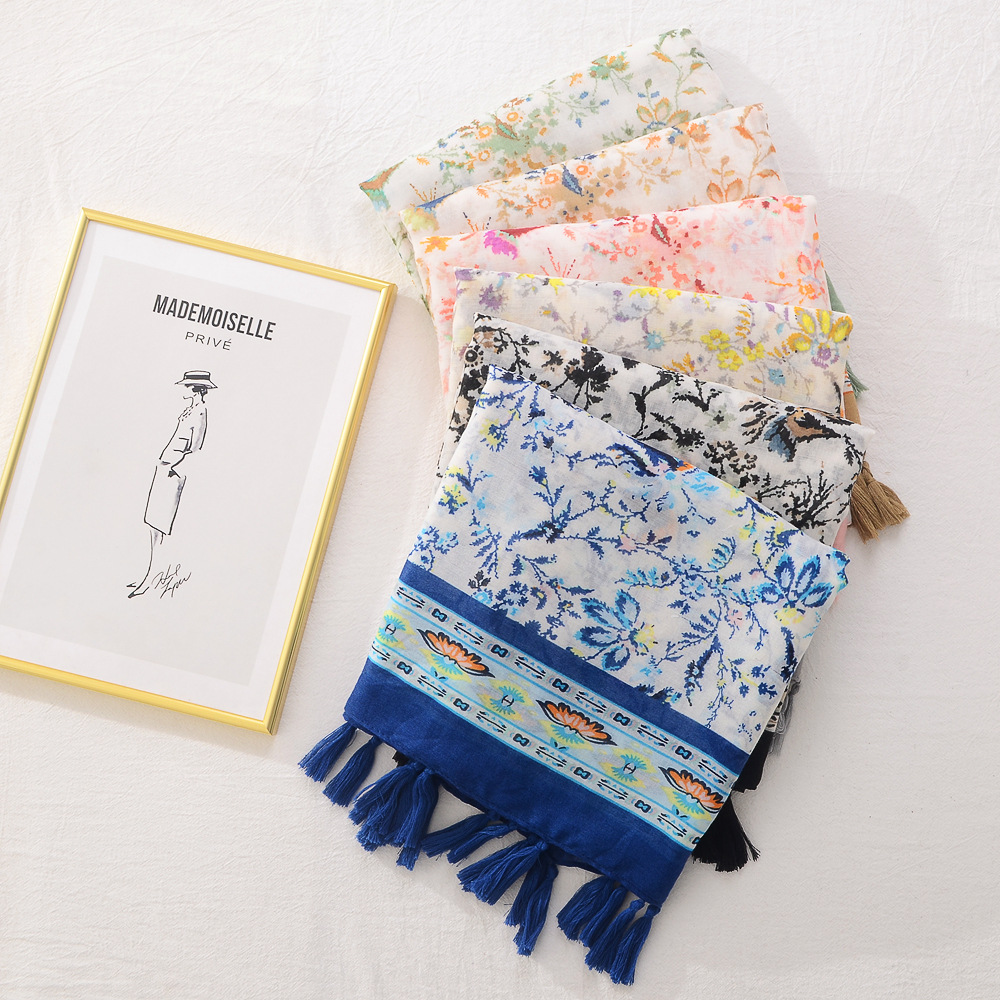 Moda retro étnica planta flor bufanda de las mujeres primavera y verano fino algodón y lino sensación bufanda Comercio exterior Exportación protector solar toalla