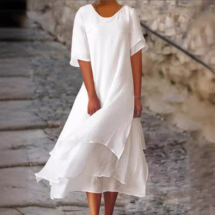 2023 Cross-border Fashion Casual Double-layer Split Short-sleeved Crewneck Dress