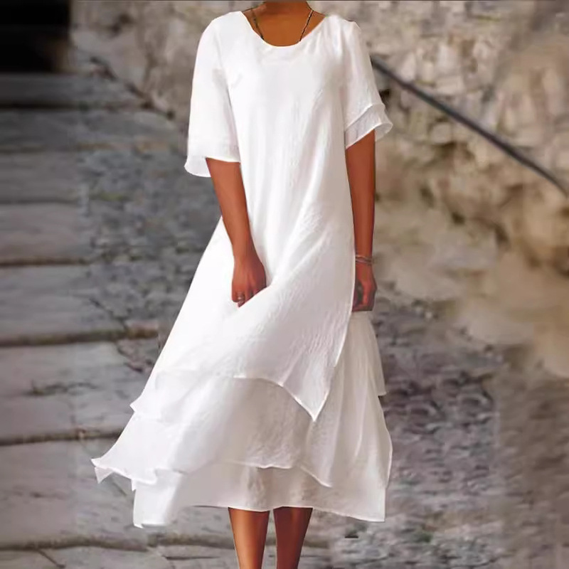 2023 Cross-border Fashion Casual Double-layer Split Short-sleeved Crewneck Dress