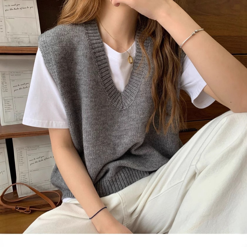 Winter Grey Shirt with Knitted Vest Women's Pure Wool Stacked Waistcoat Lazy V-neck Sweater Vest