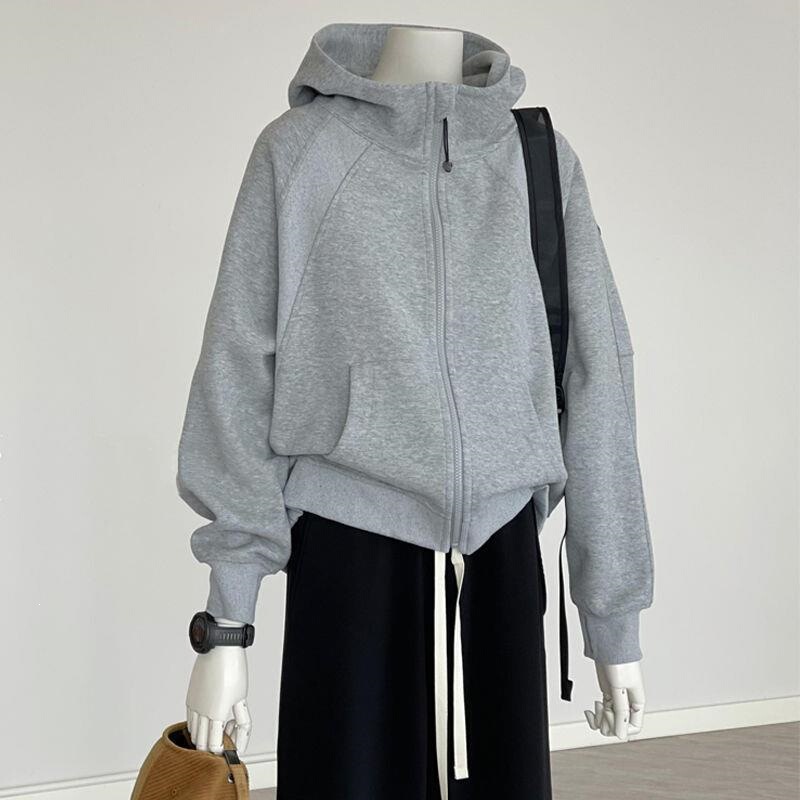 Gray hooded jacket for women, spring/autumn 2026 new style sweatshirt, versatile baseball jacket, Korean early spring outfit