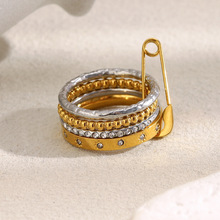 欧美跨境INS风轻奢高级感叠戴指环不锈钢镀18K金四层别针星星戒指