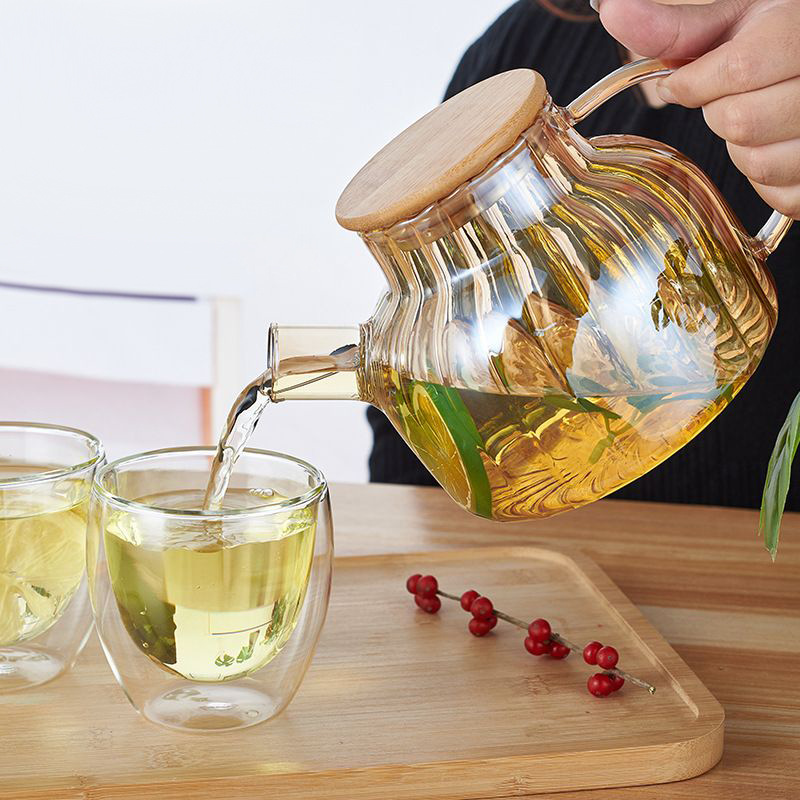 Casa rayas de gran capacidad vidrio ámbar hervidor frío traje salón hospitalidad bebida jugo olla cubierta oro