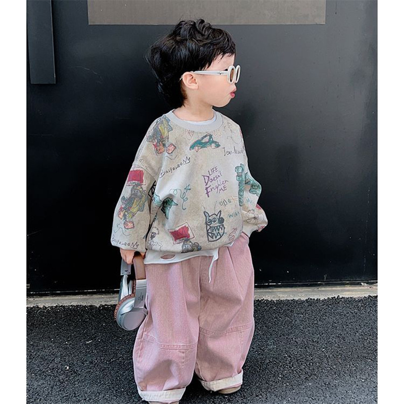 男童套装2025春秋新款高级恐龙扎染涂鸦套头卫衣杏色工装裤两件套|undefined